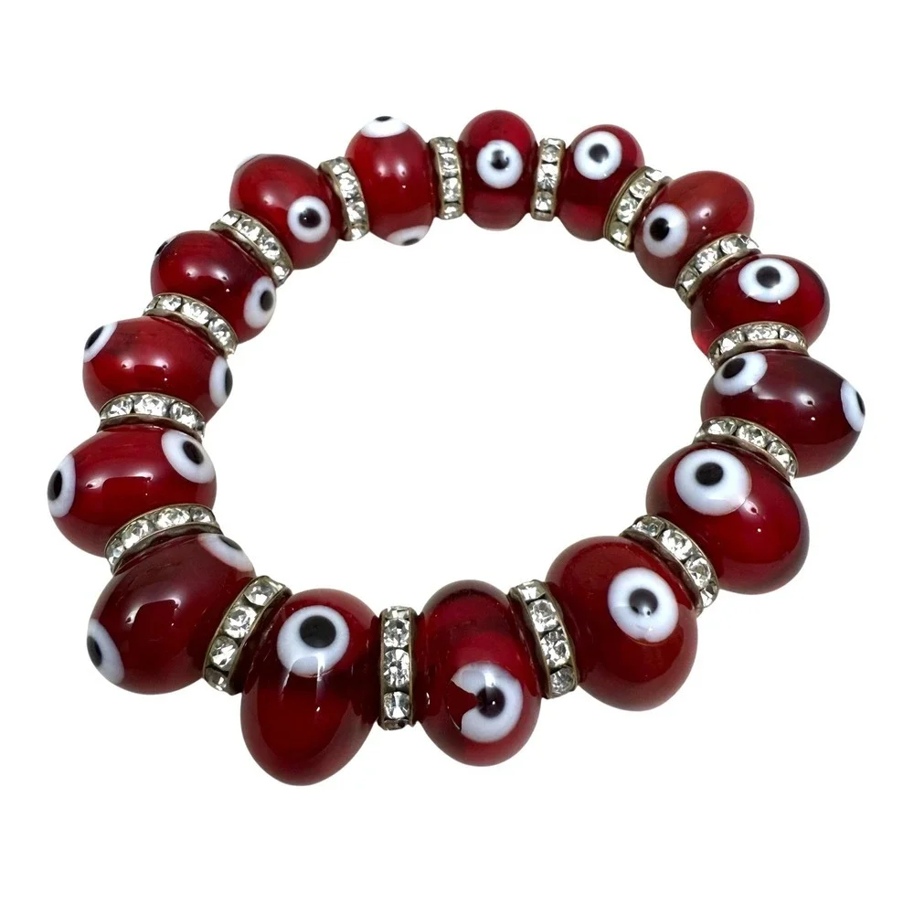 Evil Eye Bracelet Glass Lampwork Bead 10mm Stretch Good Luck Kabbalah Protection